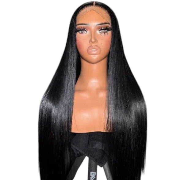 Long straight black HD lace wig on mannequin, natural shine, middle part, for custom styling