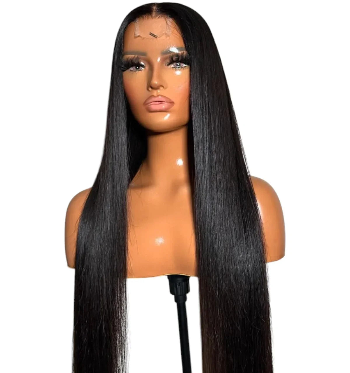Mannequin with long straight raw hair wig, middle part, HD lace front, natural black