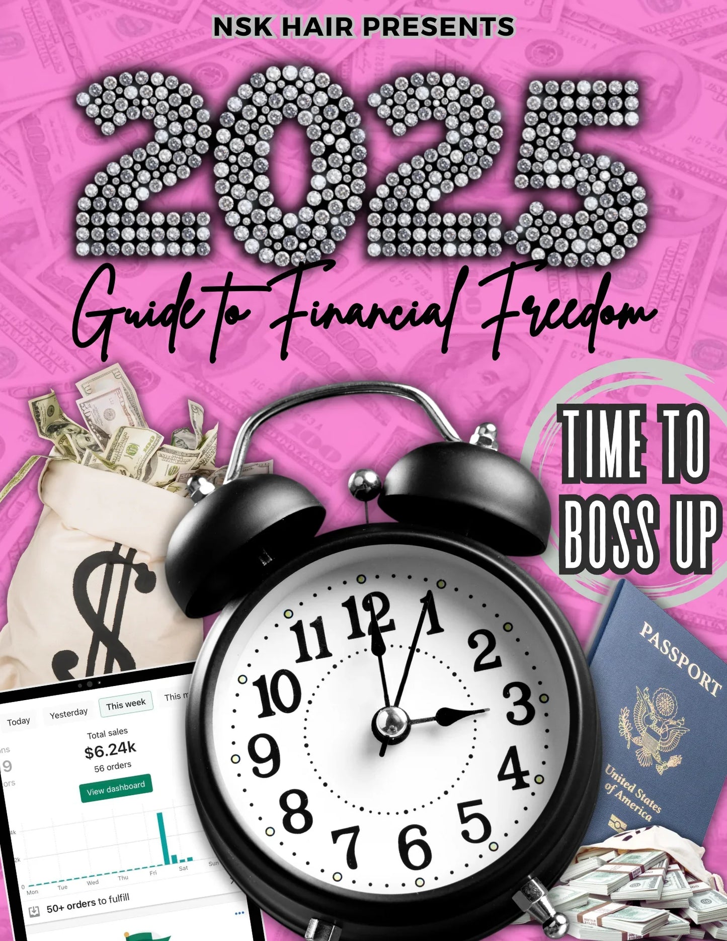 2025 Guide to Financial Freedom ebook cover with alarm clock, cash bag, passports, and sales chart