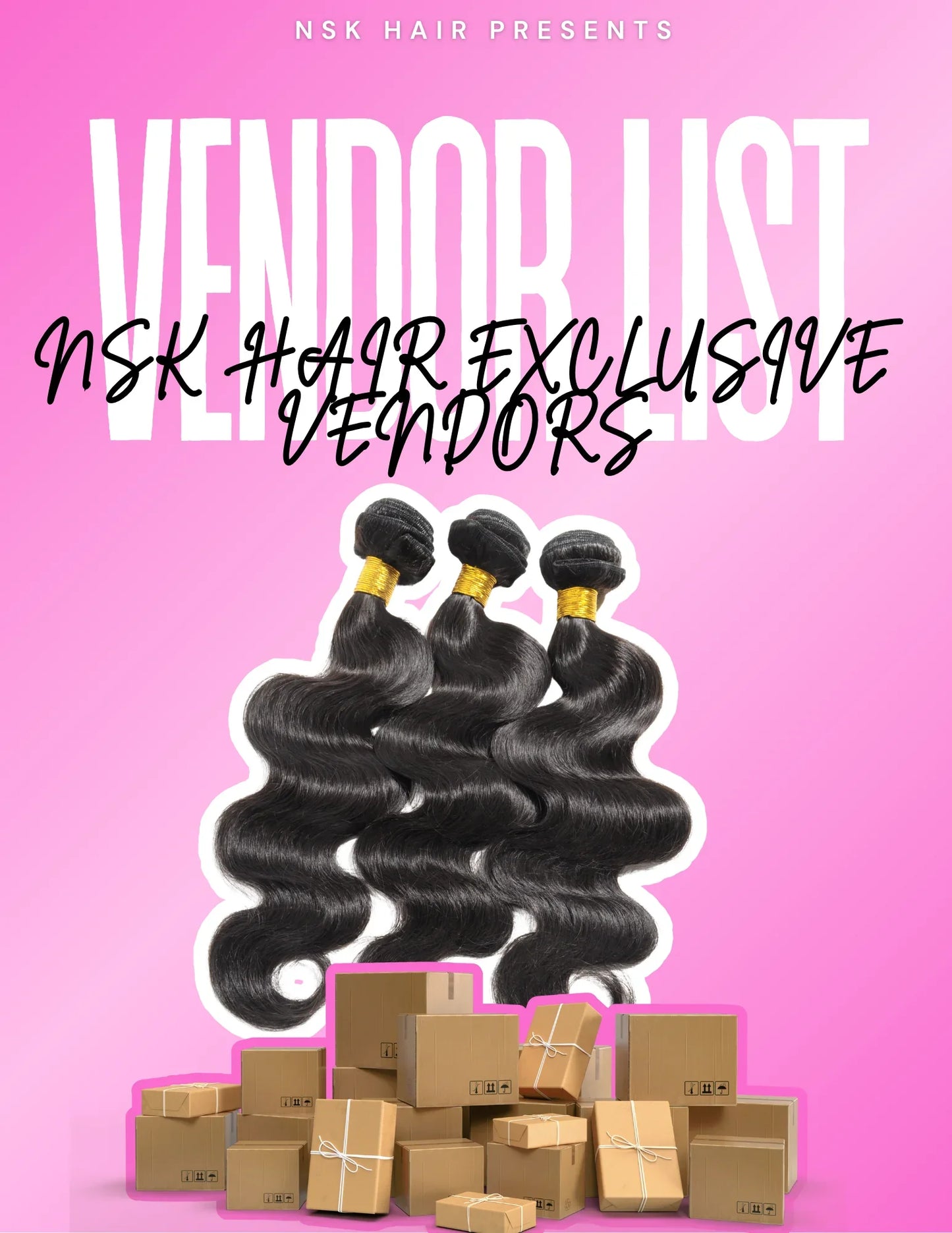 Bundles of wavy black hair extensions and shipping boxes on pink background, vendor list ebook