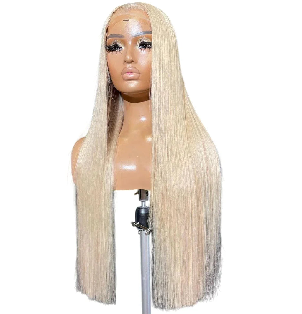 Long straight blonde wig on mannequin, HD lace frontal, raw hair, premium wig display