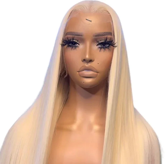 Mannequin displaying long straight platinum blonde wig with middle part and lace front