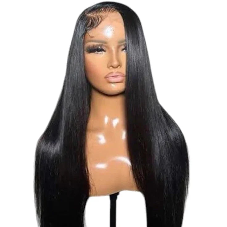 Mannequin displaying long, straight, raw Vietnamese black wig with HD lace frontal