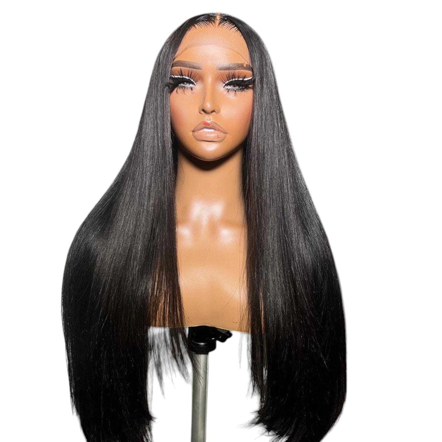 Long straight black lace front wig on mannequin, 100% raw human hair, natural shine