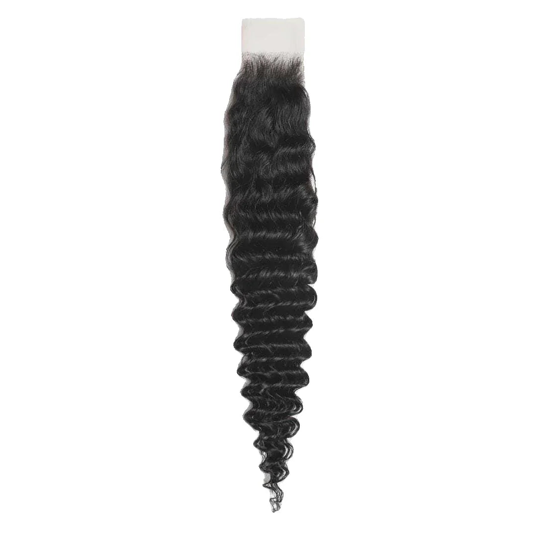 HD lace closure with deep wave raw hair, black, isolated on white background