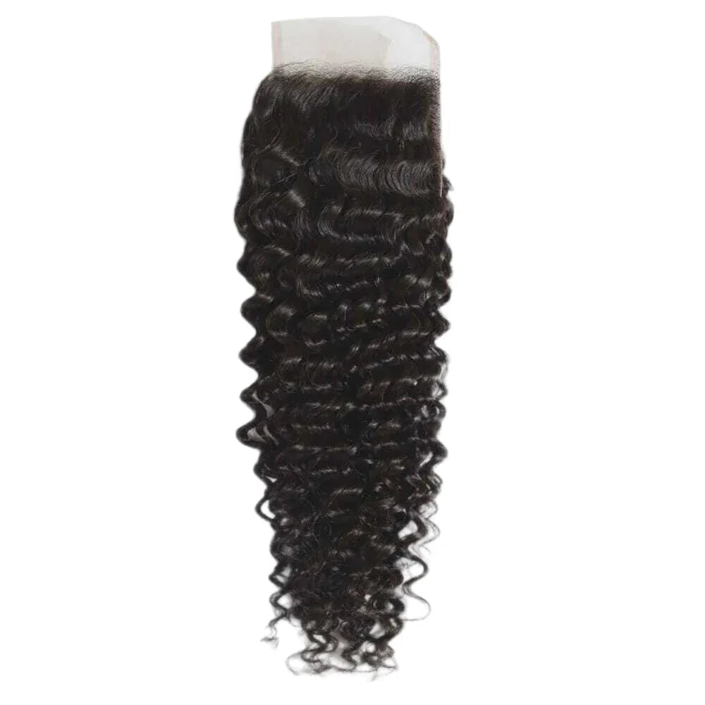 HD lace closure with natural deep curly 100% raw human hair, dark brown, isolated on white