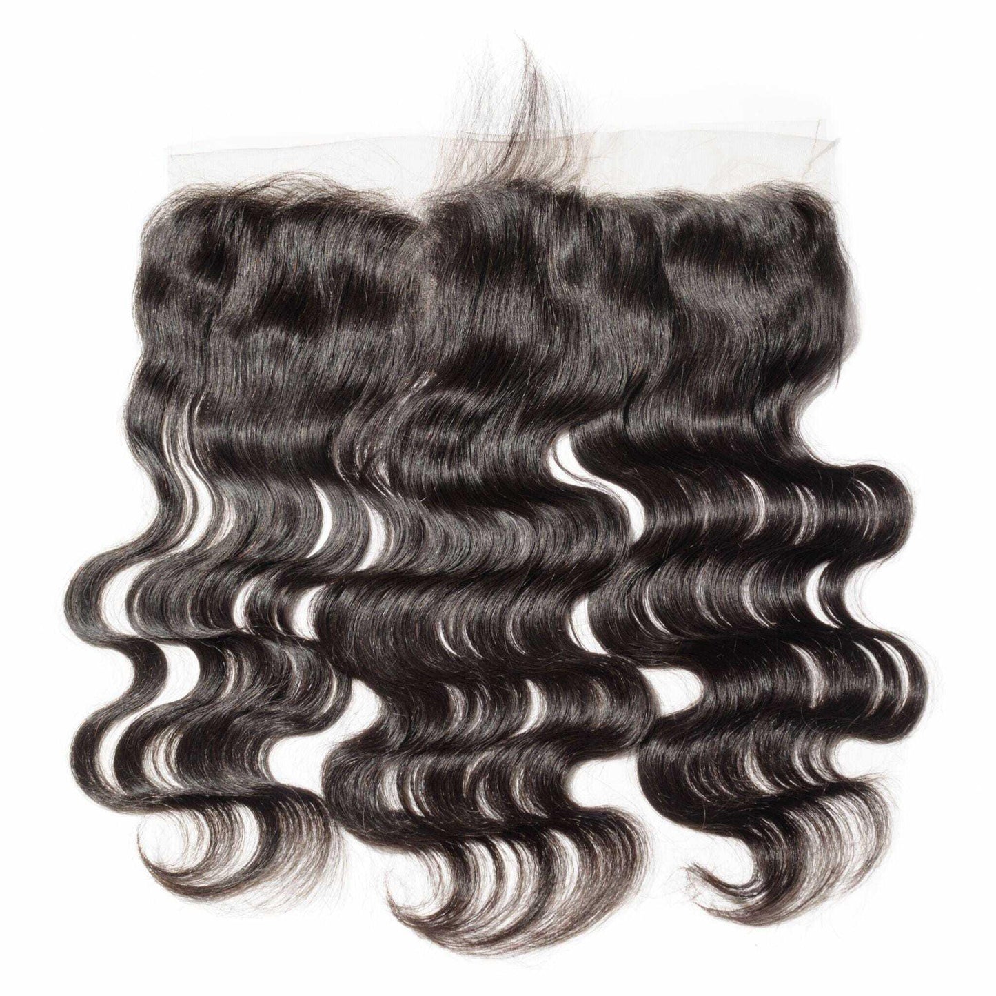 HD lace closure with three bundles of raw wavy black hair extensions on white background