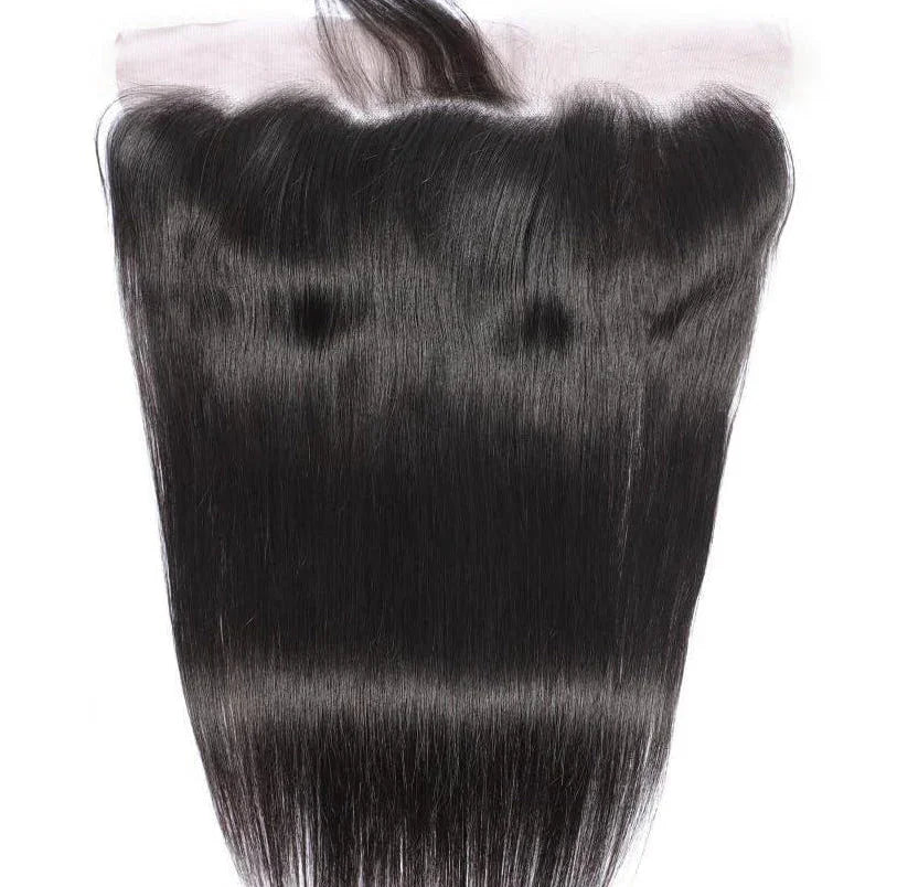Straight raw hair HD lace frontal, natural black, silky texture on white background