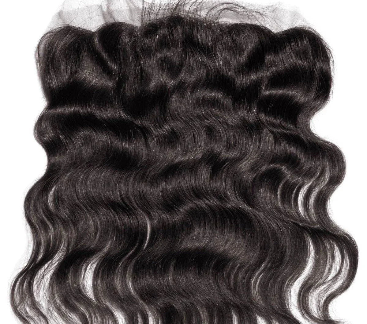 Raw wavy black hair frontal with HD lace, natural shine and volume, on white background