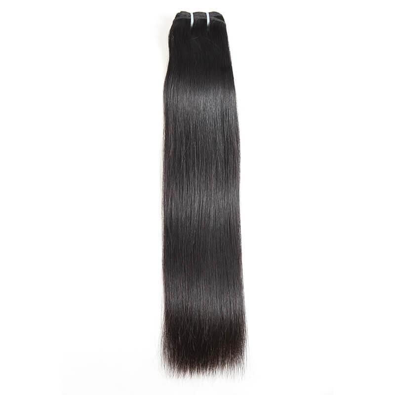 Straight raw Vietnamese hair bundle, natural black, shiny and silky texture on white background