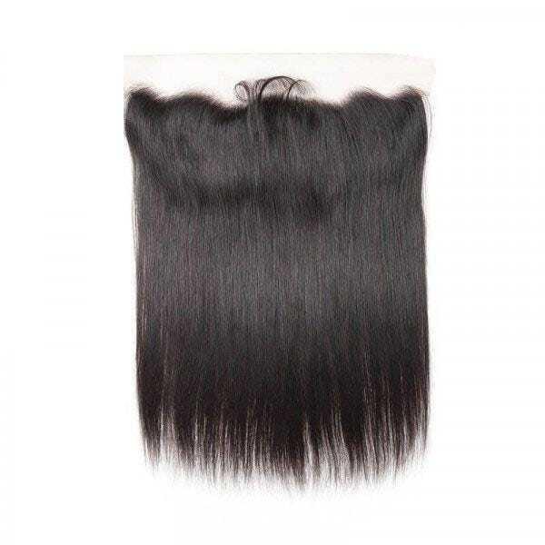 Straight raw Vietnamese hair HD lace frontal with natural black color on white background