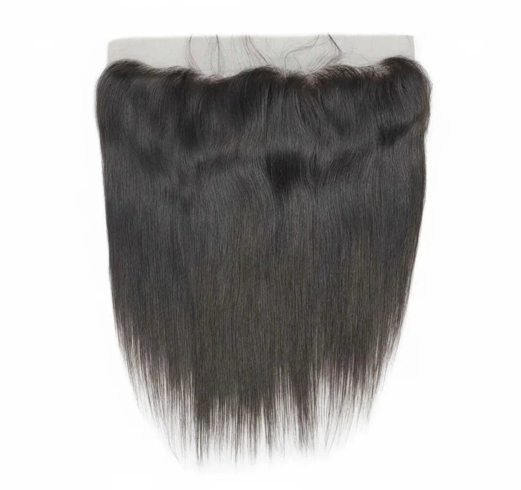 Straight raw hair HD lace frontal closure with natural black color on white background
