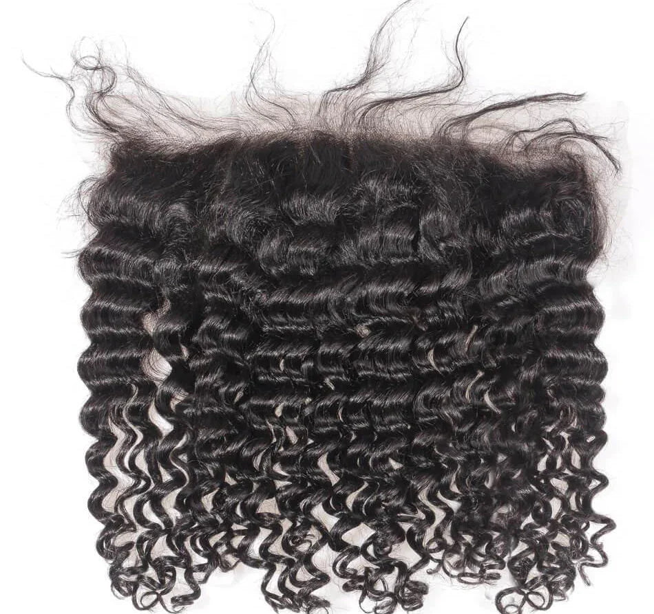 Raw curly hair lace frontal with tight defined curls on white background
