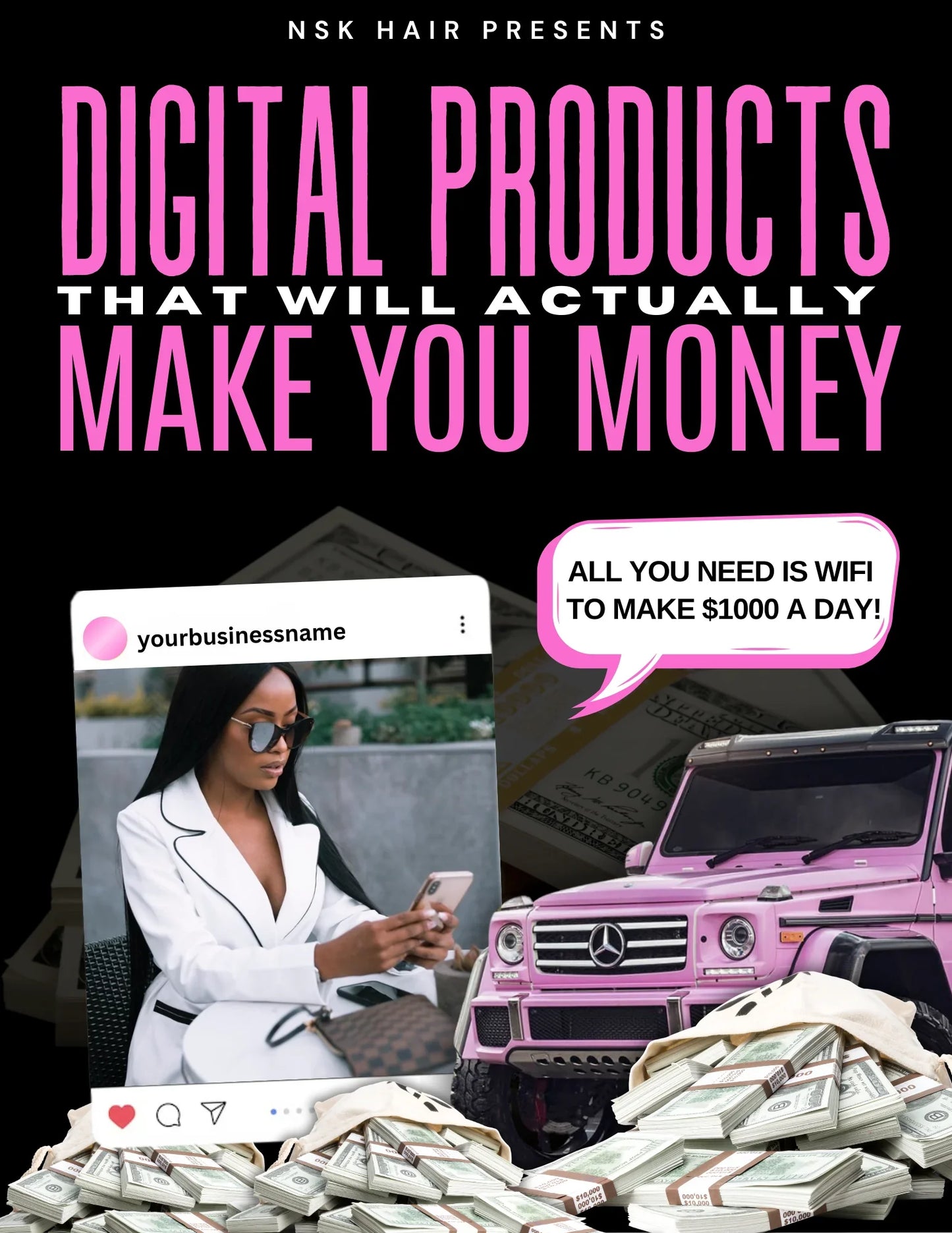 Digital products promo with woman on phone, pink luxury SUV, and stacks of cash, WiFi theme