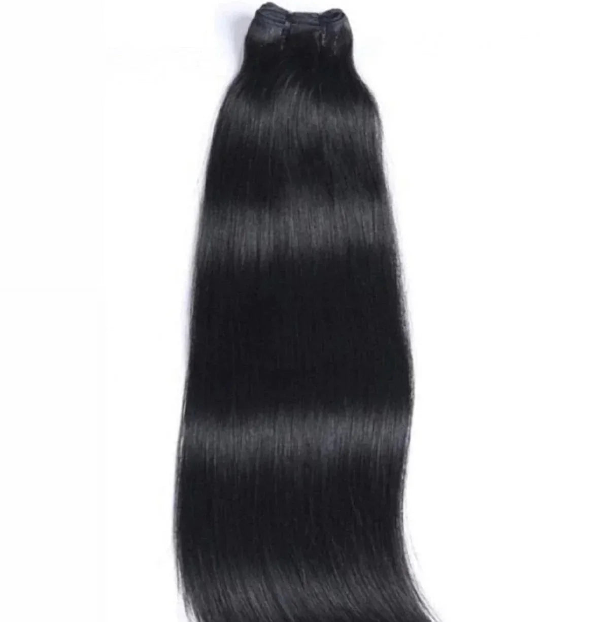 Straight raw black human hair bundle with natural shine on a white background