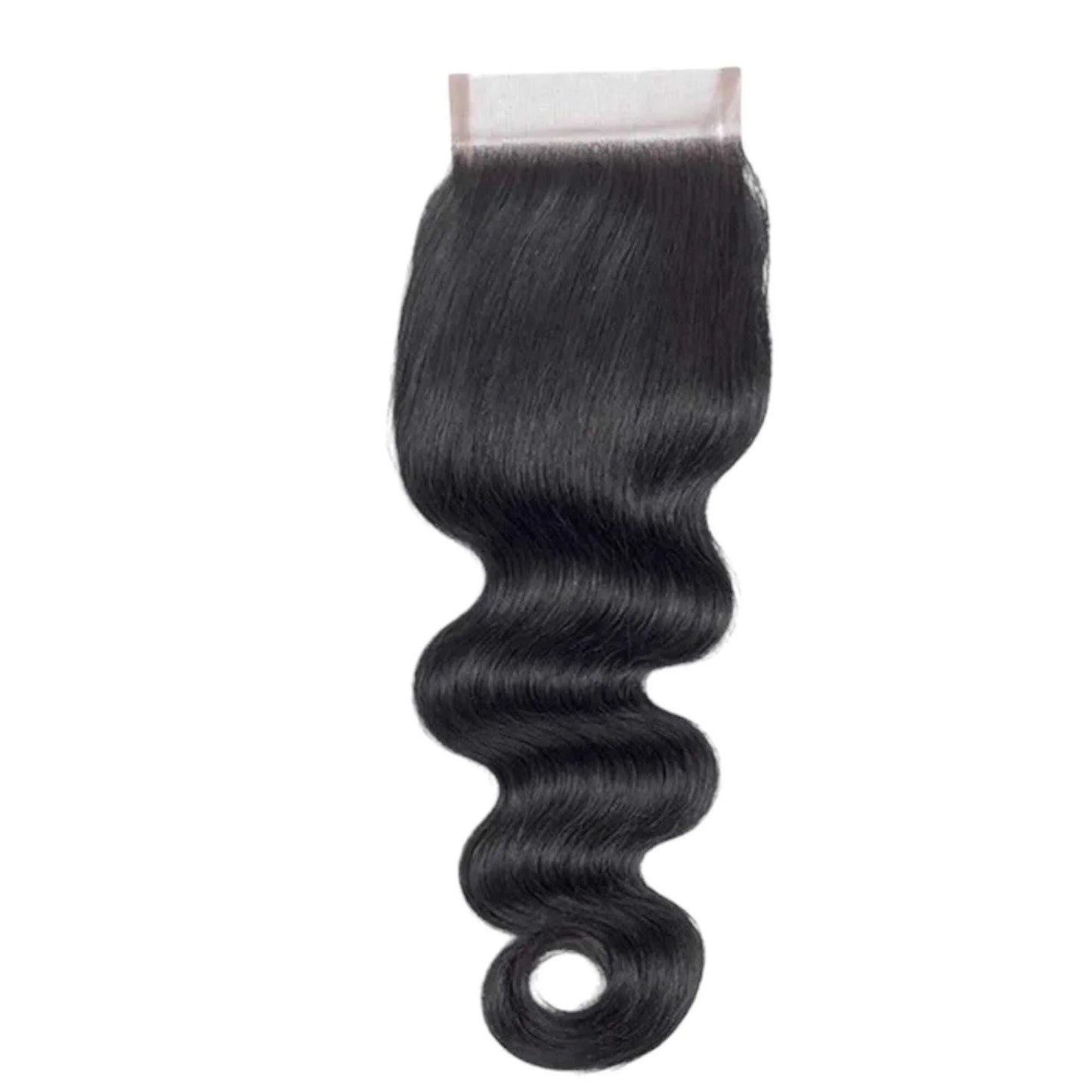 Loose wave raw hair HD lace closure, black, silky texture against white background