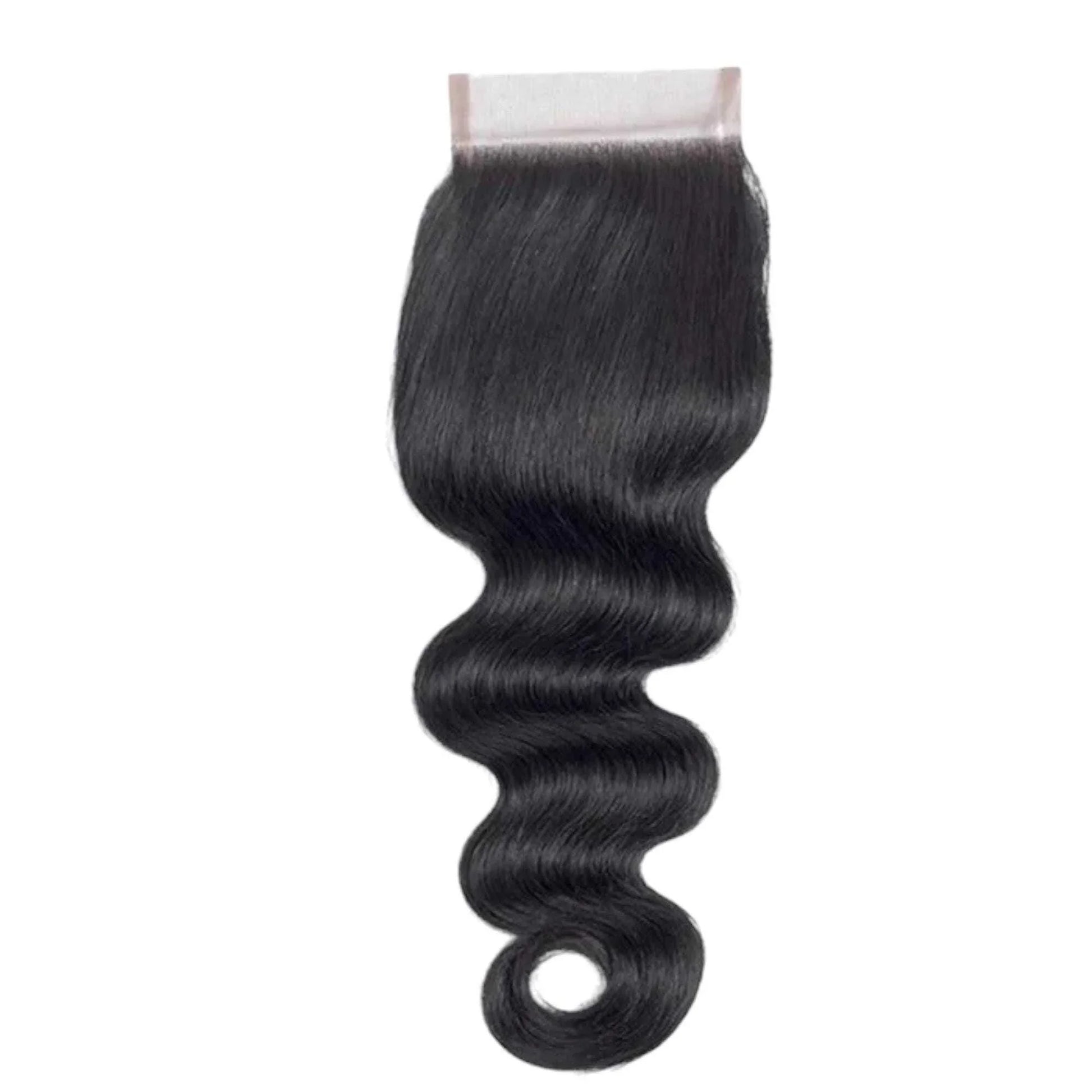 Loose wave raw hair HD lace closure, black, silky texture against white background
