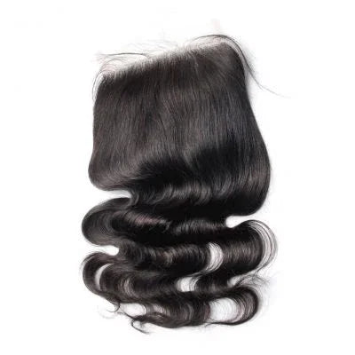 Raw body wave lace closure with natural black hair, HD lace, and soft, defined waves