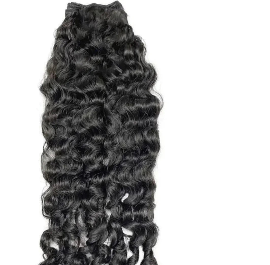 Raw deep wave hair bundle with natural black curls on white background