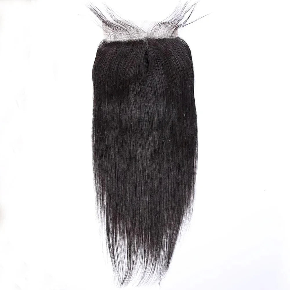Straight black HD lace closure hair extension with natural shine on white background