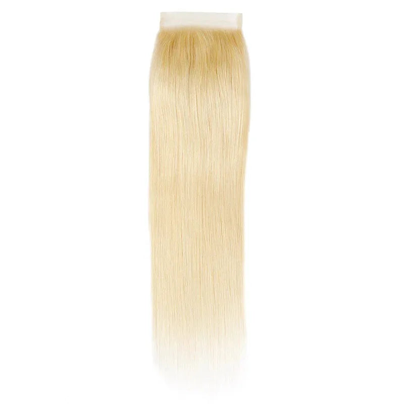 Straight platinum blonde HD lace hair closure with natural shine on a white background